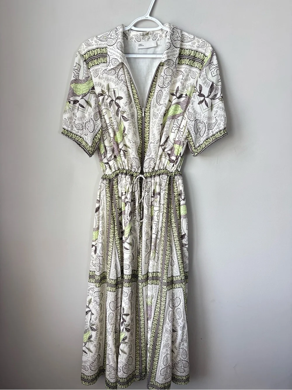 Tory Burch Cinched Cotton Zip Dress Mint Cockatoo Size Large Silk Blend